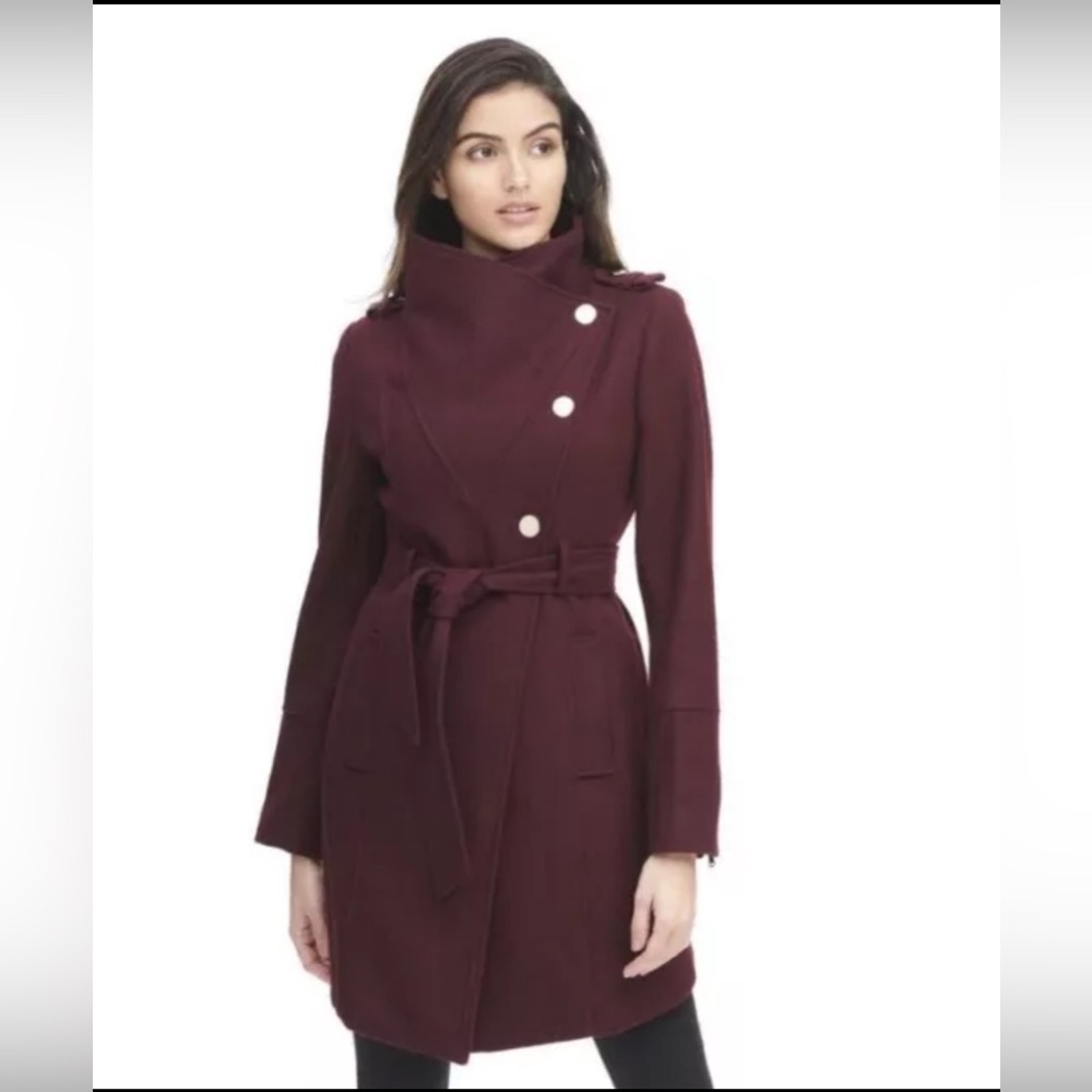 GUESS Women's Belted Asymmetrical Wool Walker Trench Coat Wine Size Small Petite